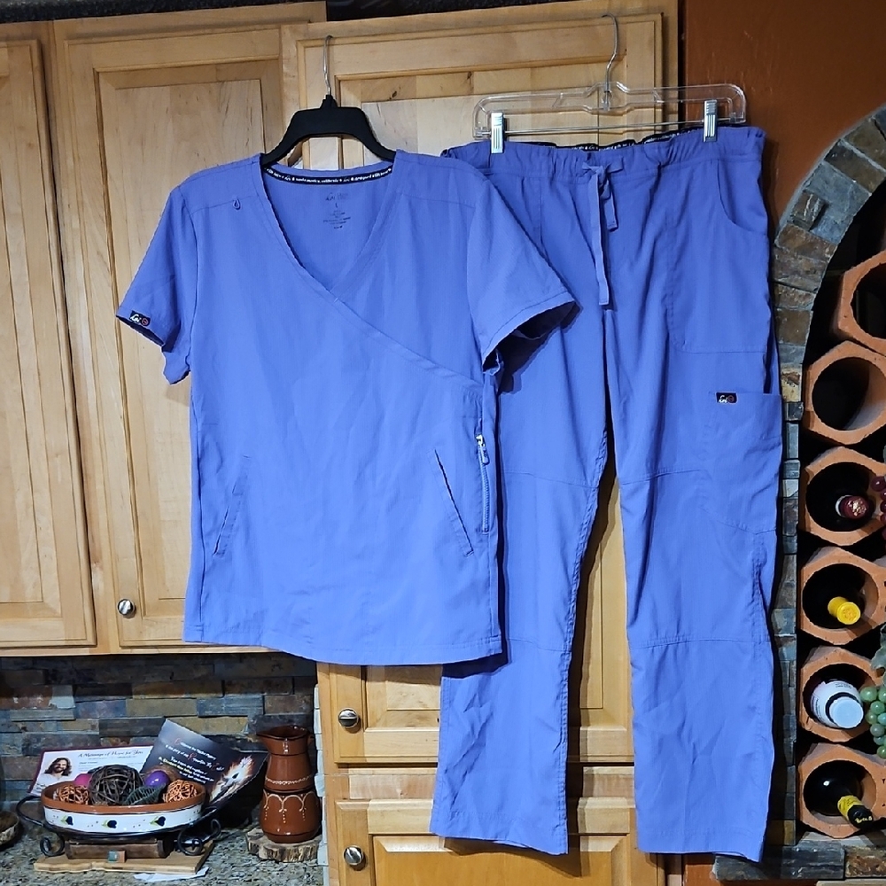 koi Periwinkle Wrap-Front Scrub Top and Drawstring Pants